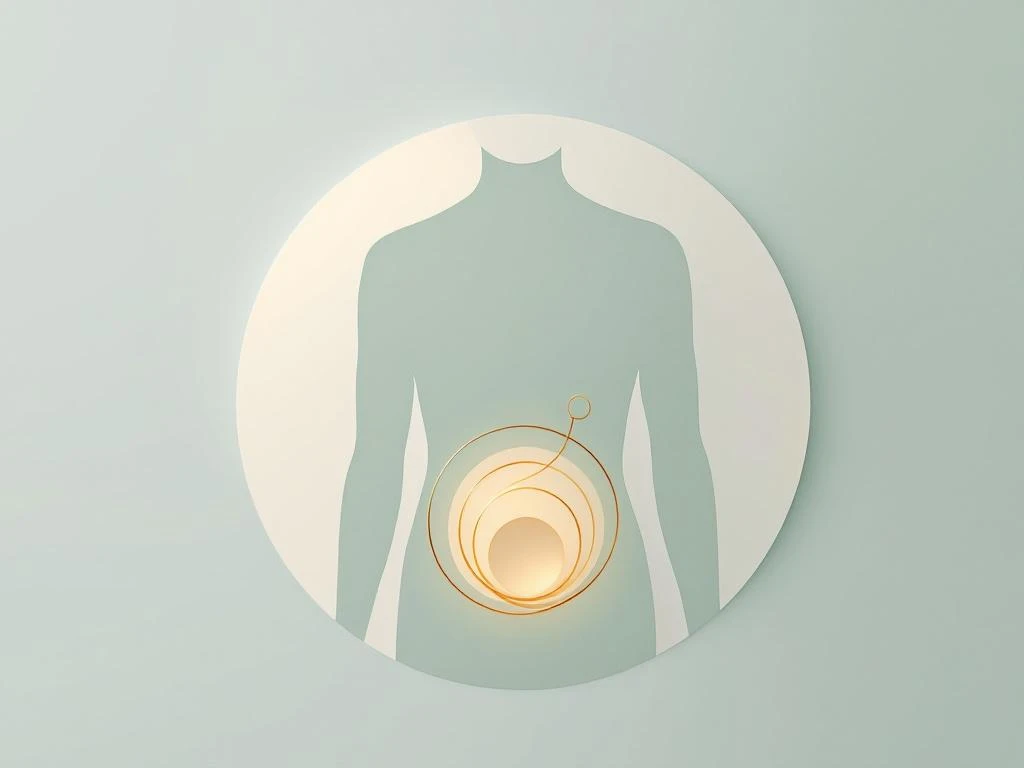 Menselijk torso silhouet in zachte groentinten met gouden gloed rond buikgebied, geometrische vormen op kalme achtergrond