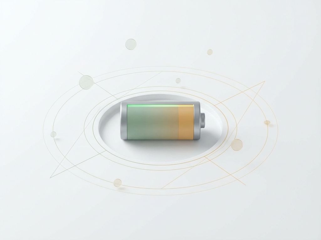 Batterij-icoon dat langzaam leegloopt van vol naar leeg, met zachte geometrische lijnen en kleurovergang van groen naar amber