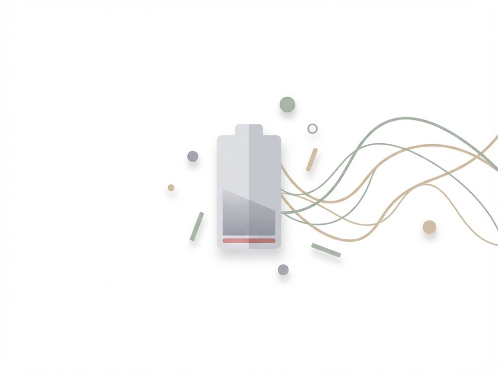 Grijze batterij-icoon met lage lading op witte achtergrond, omringd door abstracte groene energielijnen en geometrische vormen.