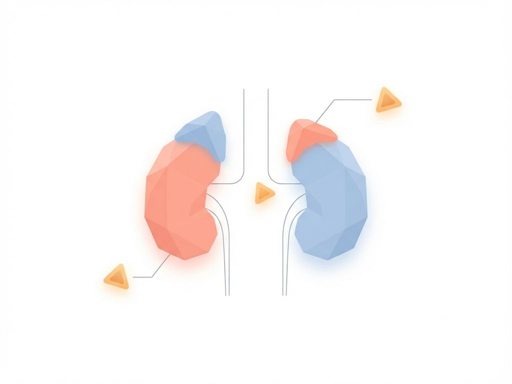 Medische illustratie van bijnieren met geometrische vormen die hormonale onbalans tonen via subtiele asymmetrie en waarschuwingsindicatoren