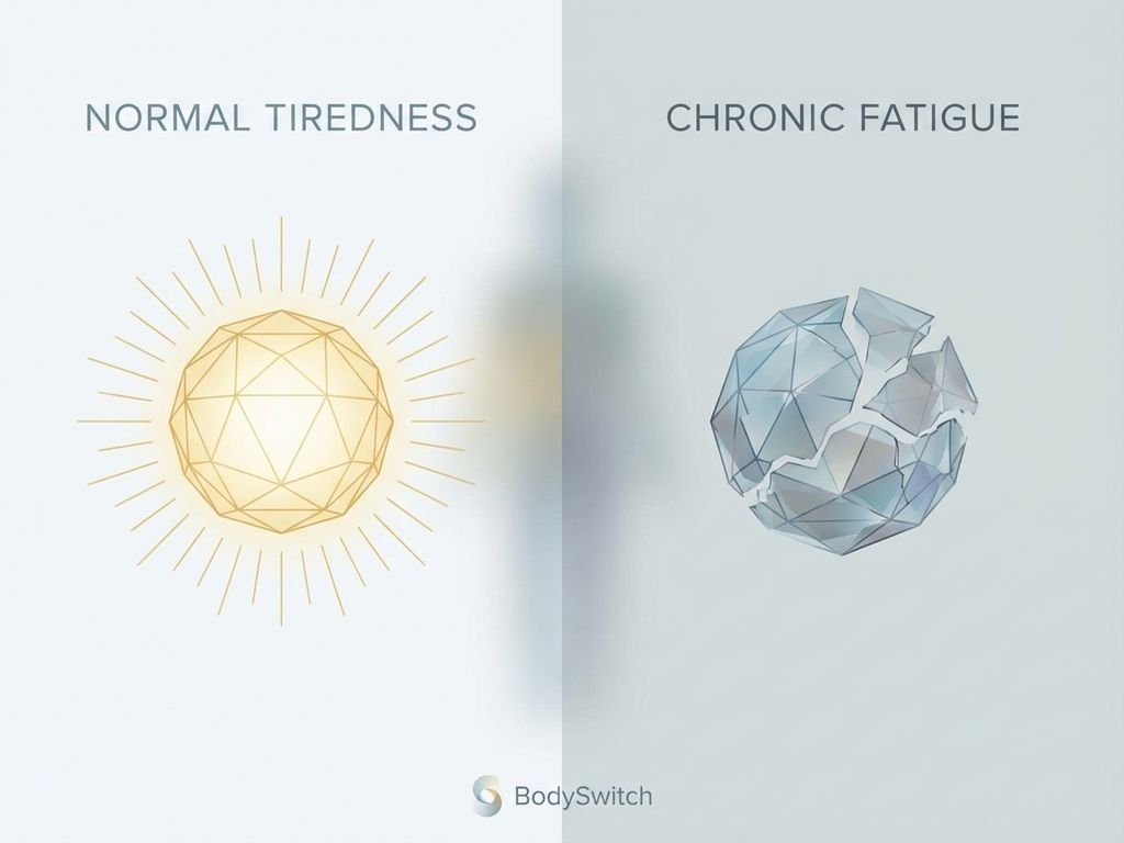 Splitscreen vergelijking van energieniveaus: gouden geometrische vorm straalt energie uit tegenover grijze gefragmenteerde vorm