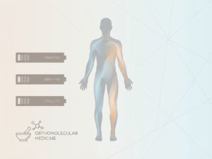 Grijze menselijke silhouet met blauwe en oranje energiestromen en batterij-elementen voor chronische vermoeidheid behandeling