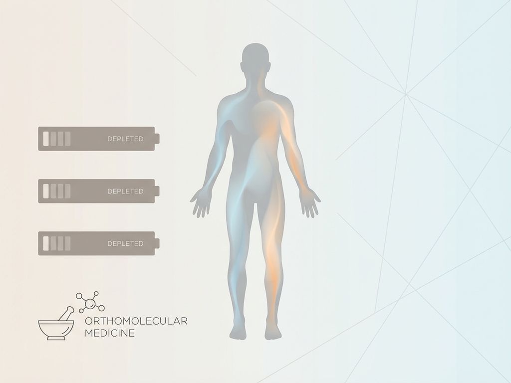 Grijze menselijke silhouet met blauwe en oranje energiestromen en batterij-elementen voor chronische vermoeidheid behandeling