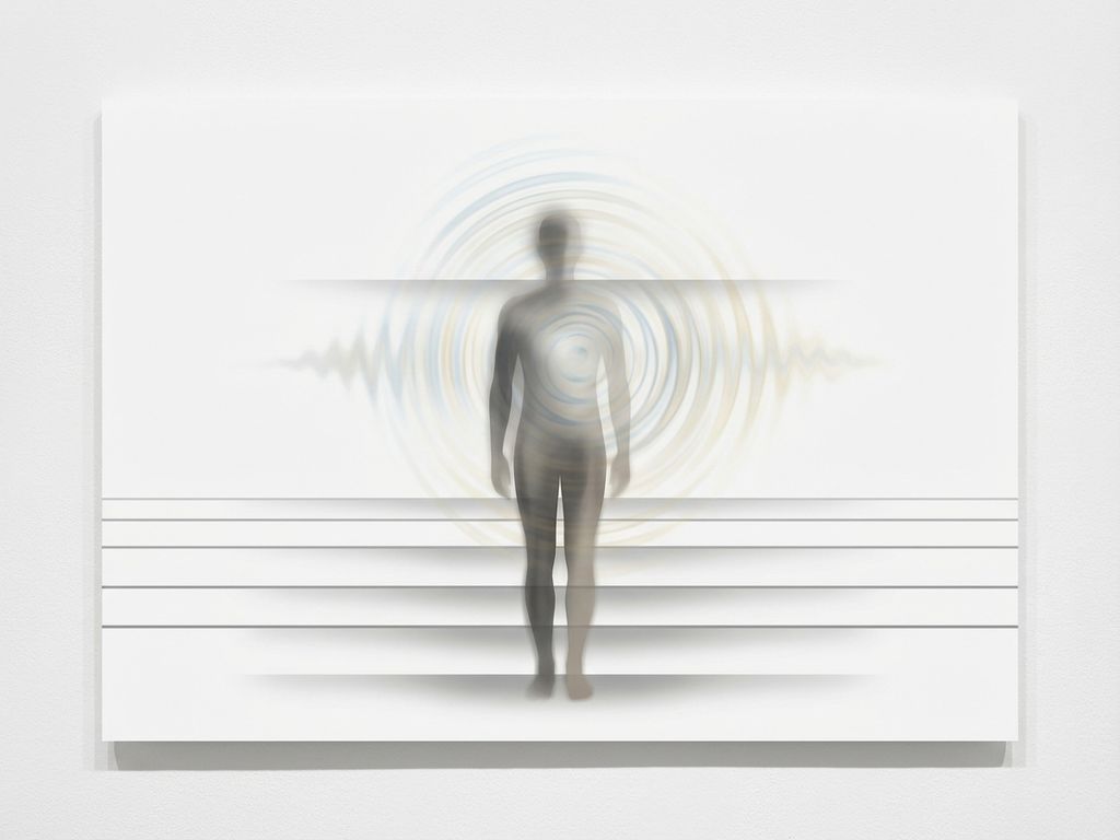 Grijze menselijke silhouet met blauwe energiegolven op witte achtergrond, voorstellend chronische vermoeidheid