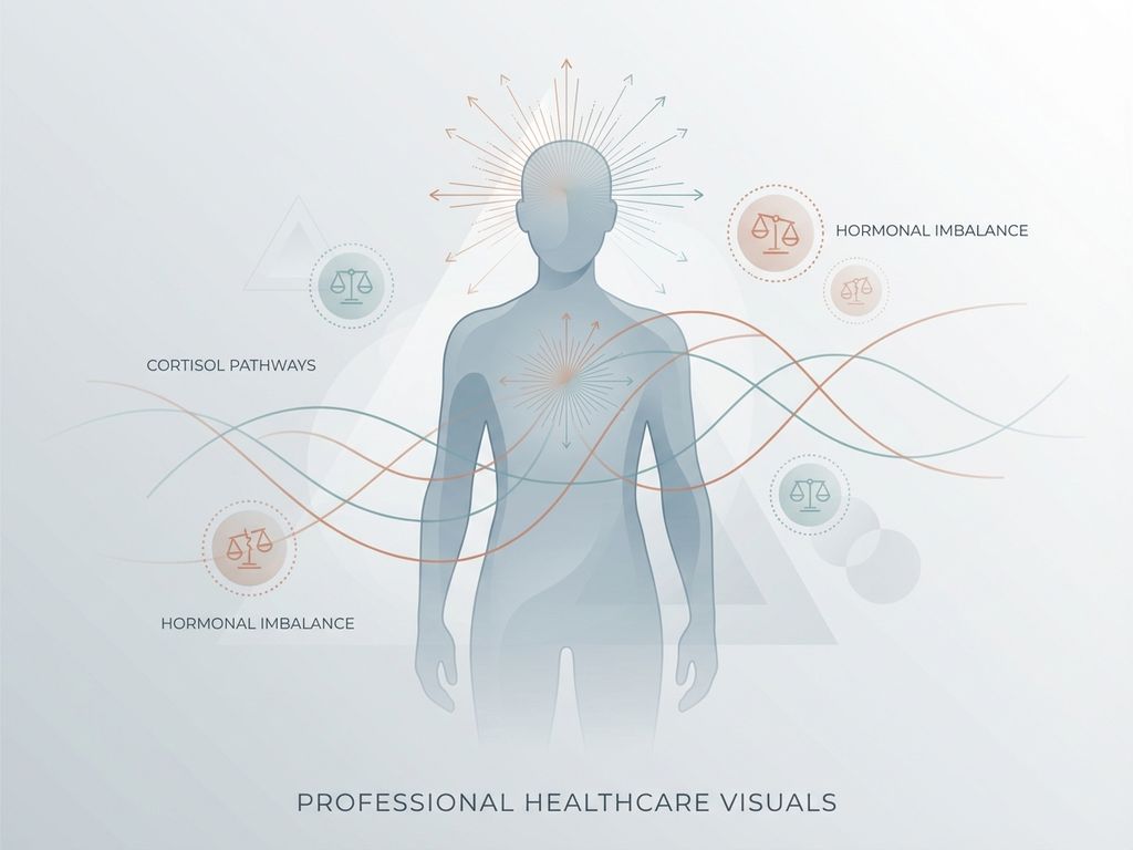 Menselijke silhouet met stressindicatoren en cortisol-paden, illustratie van hormonale onbalans in medische stijl