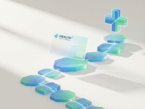 Digitale zorgverzekeringskaart zweeft boven geometrische stapstenen die een opwaarts pad vormen naar medisch kruis symbool