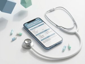 Smartphone met digitaal zorgverzekeringformulier, stethoscoop en supplementcapsules op witte ondergrond in blauwe tinten