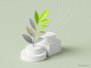 Groene plant die opgroeit uit witte geometrische vormen tegen saliekleurige achtergrond, symboliseert energieherstel
