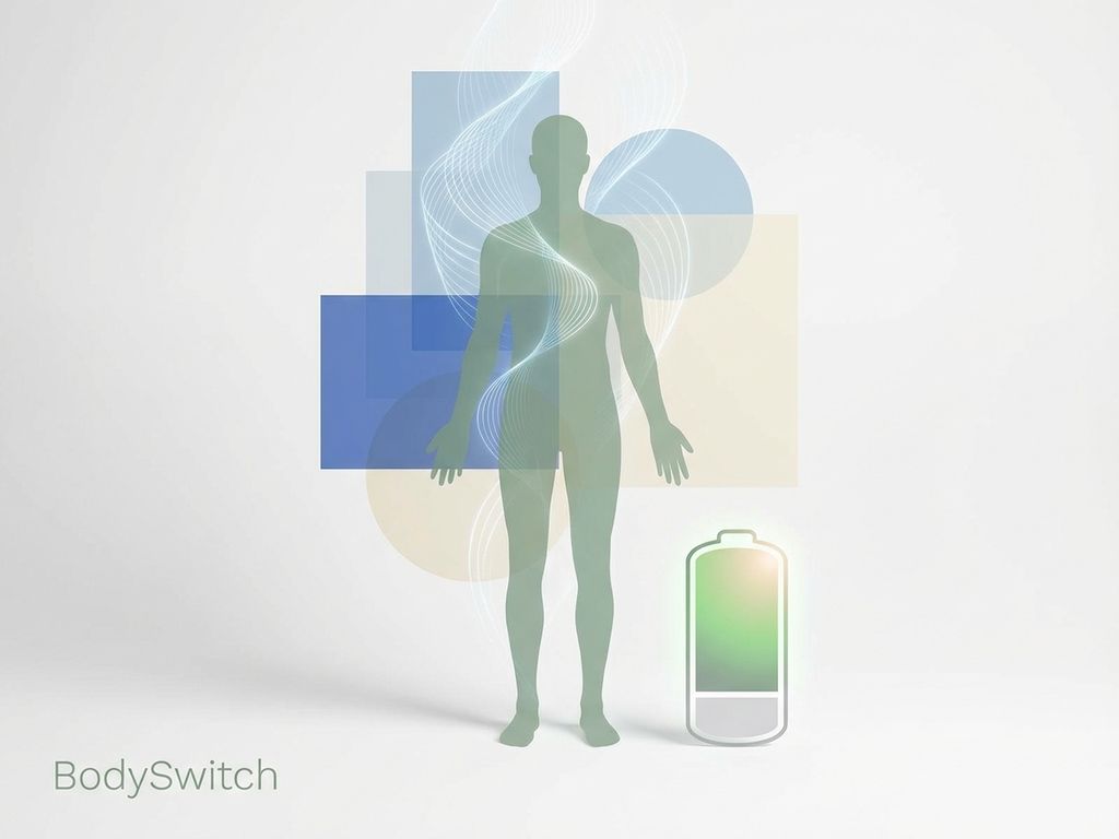 Menselijke silhouet in zachte groene tinten met energielijnen en batterij-icoon dat volloopt, symboliseert vitaliteit