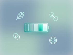 Energiemeter die van leeg naar vol gaat, omringd door pictogrammen voor voeding, fitness en meditatie in zachte blauw-groene tinten.