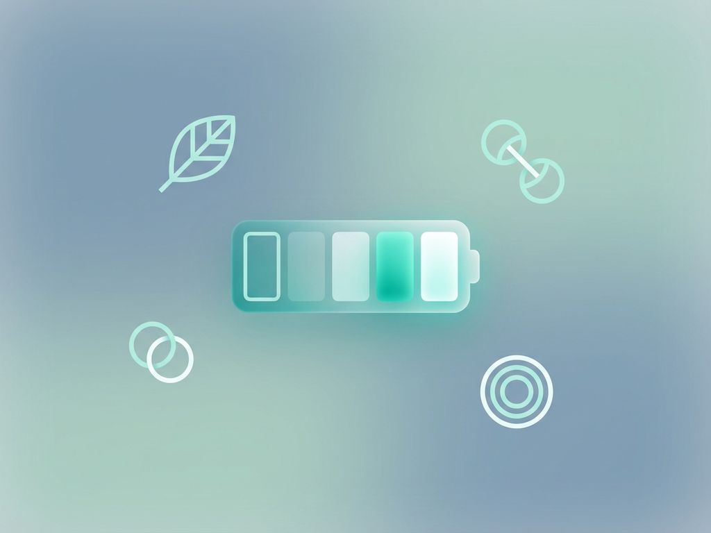 Energiemeter die van leeg naar vol gaat, omringd door pictogrammen voor voeding, fitness en meditatie in zachte blauw-groene tinten.