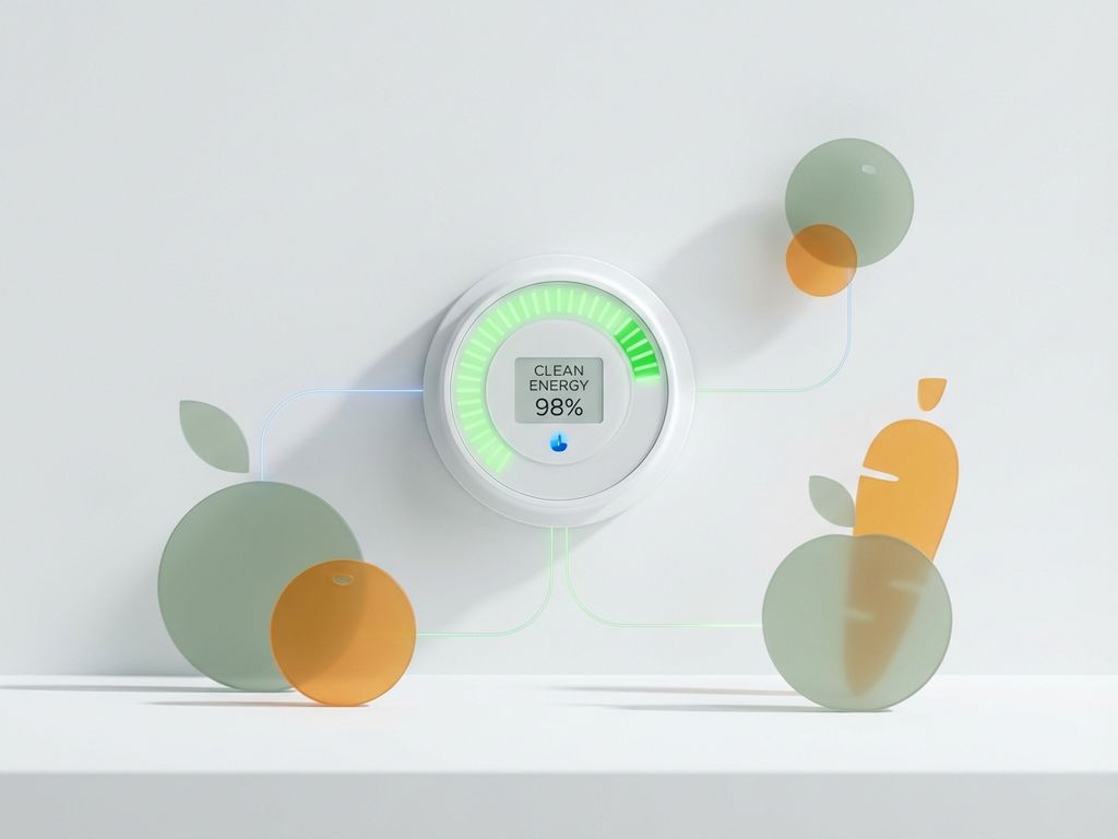 Energiemeter met groene indicatoren omringd door geometrische vormen van gezonde voeding in groen en oranje tinten