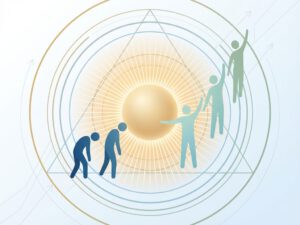 Gouden energiebol straalt licht uit naar menselijke silhouetten die transformeren van moe naar energiek op blauwe achtergrond