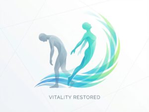 Menselijke silhouet transformeert van uitgeputte naar energieke houding met opwaartse energiegolven in blauw en groen