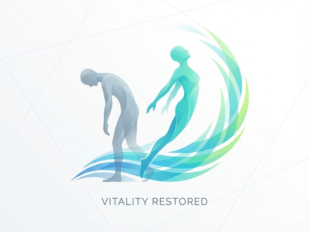 Menselijke silhouet transformeert van uitgeputte naar energieke houding met opwaartse energiegolven in blauw en groen