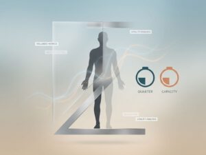 Menselijke silhouet in grijstinten met energielijnen en batterij-indicatoren op kwart capaciteit, wellness en vitaliteit concept
