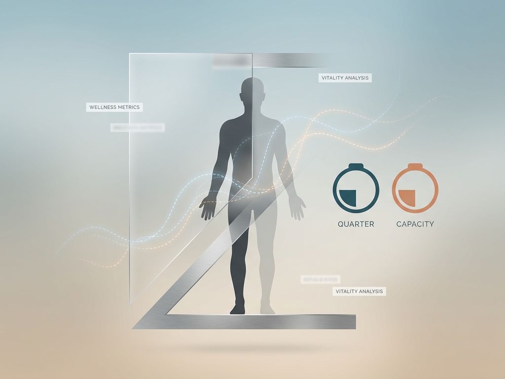 Menselijke silhouet in grijstinten met energielijnen en batterij-indicatoren op kwart capaciteit, wellness en vitaliteit concept