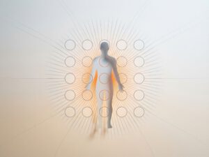 Menselijke silhouet in grijs met oranje energielijnen die vervagen naar blauw, lege energiecellen in grid patroon