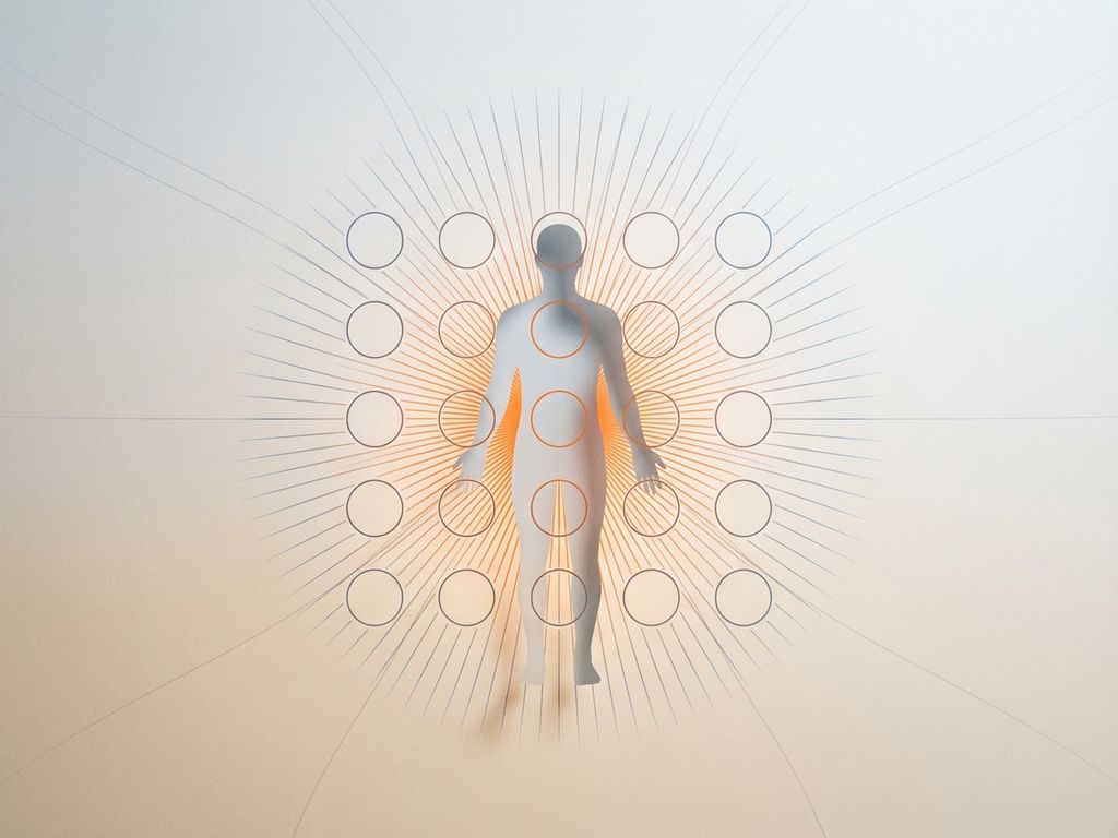 Menselijke silhouet in grijs met oranje energielijnen die vervagen naar blauw, lege energiecellen in grid patroon