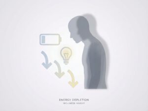 Menselijke silhouet omringd door lege batterij-iconen, gedimde lampen en neerwaartse pijlen die energieverlies symboliseren