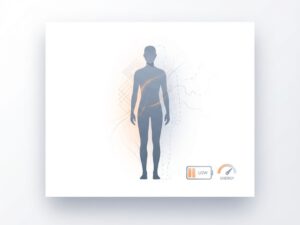 Menselijke silhouet in blauwgrijze tinten met zwakke energielijnen en batterij-icoon dat lage vitaliteit toont op witte achtergrond