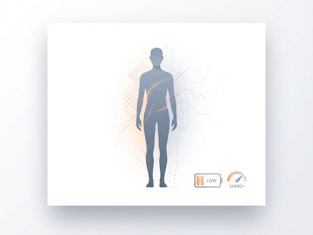 Menselijke silhouet in blauwgrijze tinten met zwakke energielijnen en batterij-icoon dat lage vitaliteit toont op witte achtergrond