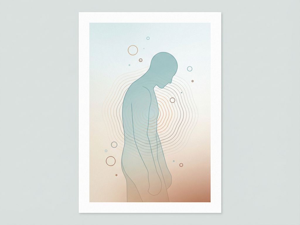 Menselijke silhouet met vermoeidheidshouding en energiegolven vanuit borstgebied, medische illustratie in teal en oranje