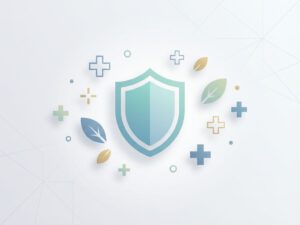 Beschermend schild icoon in zachte blauwgroen kleur met medische kruissymbolen op witte achtergrond voor zorgverzekering