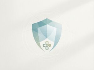 Minimalistisch schild-symbool in zachte teal met medisch kruis en bladvormen, straalt bescherming en alternatieve zorg uit