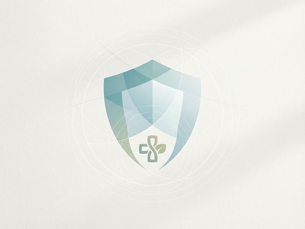 Minimalistisch schild-symbool in zachte teal met medisch kruis en bladvormen, straalt bescherming en alternatieve zorg uit