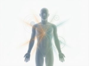 Transparante menselijke silhouet met energielijnen vanuit borst, symboliseert innerlijke genezing op witte achtergrond
