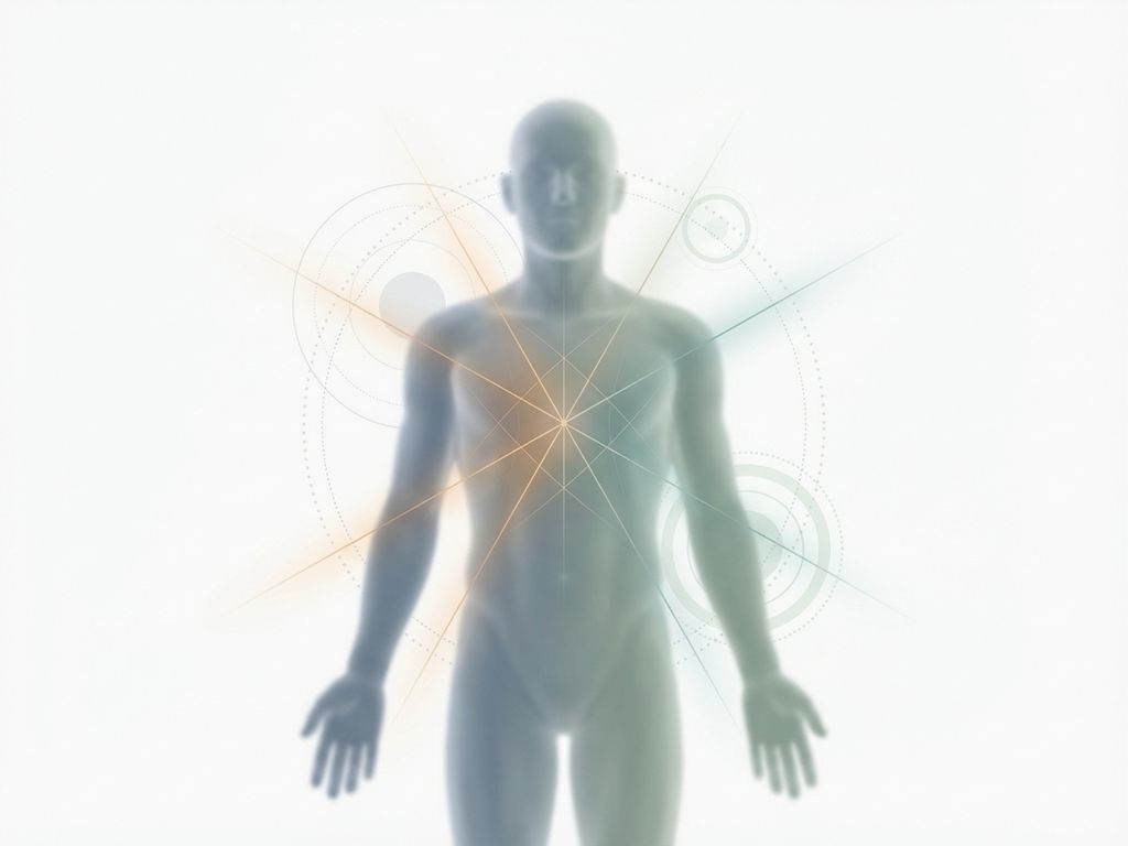 Transparante menselijke silhouet met energielijnen vanuit borst, symboliseert innerlijke genezing op witte achtergrond