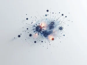 Minimalistische hersensilhouet met COVID-virusdeeltjes die oplossen rond neurale verbindingen in blauw en grijs