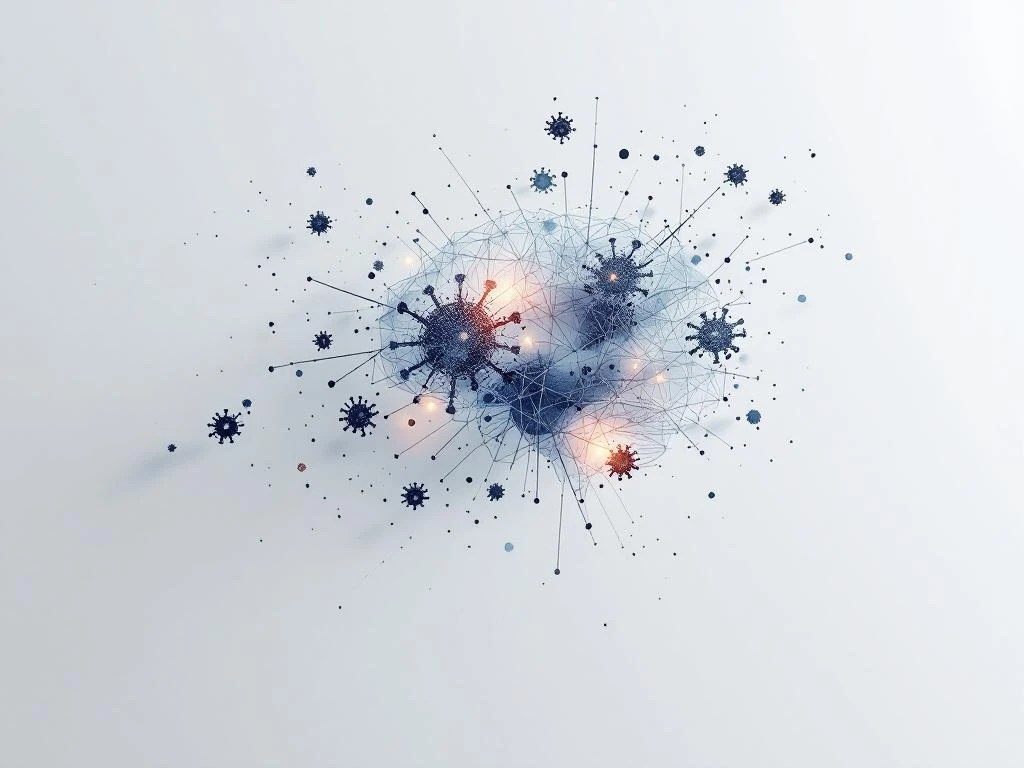 Minimalistische hersensilhouet met COVID-virusdeeltjes die oplossen rond neurale verbindingen in blauw en grijs