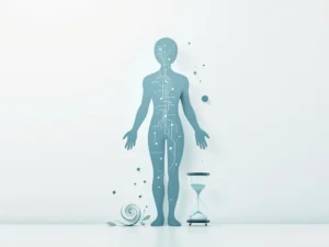 Menselijke silhouet met geometrische herstelroutes in zachte blauwtinten, zandloper symbool voor genezing en tijd