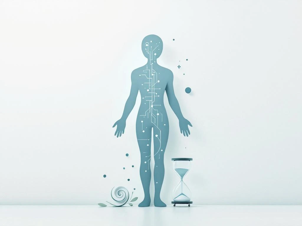 Menselijke silhouet met geometrische herstelroutes in zachte blauwtinten, zandloper symbool voor genezing en tijd