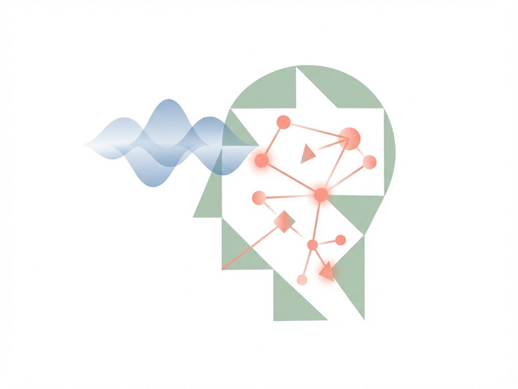 Geometrische hoofdsilhouet in groene tinten met koraalgekleurde hormonale netwerken en blauwe hoofdpijngolven