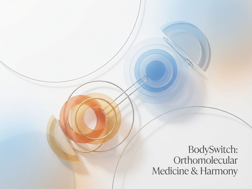 Abstracte geometrische vormen in blauw en oranje die hormonale balans symboliseren op witte achtergrond