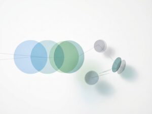 Abstracte geometrische vormen in zachte blauwtinten die hormonale balans en disbalans symboliseren op witte achtergrond