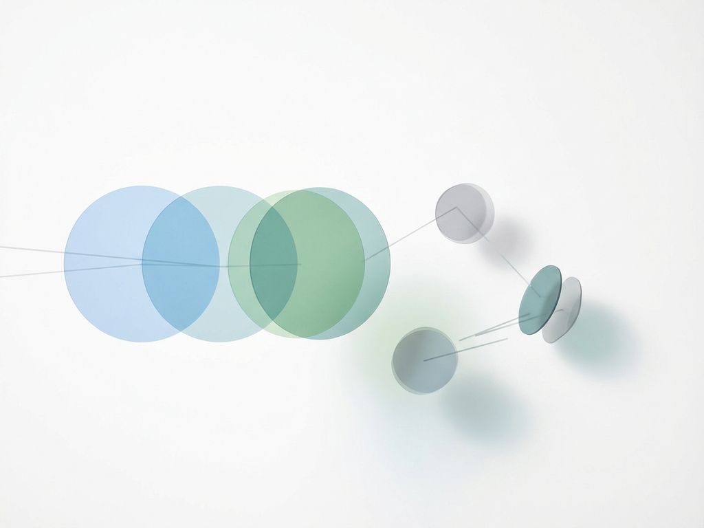 Abstracte geometrische vormen in zachte blauwtinten die hormonale balans en disbalans symboliseren op witte achtergrond