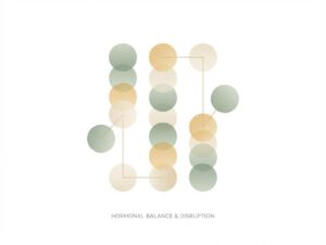 Abstracte geometrische vormen in groen en beige die hormonale balans en onbalans symboliseren op witte achtergrond