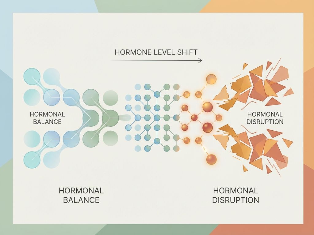 Abstracte geometrische vormen in medische kleuren die hormonale balans en verstoring visualiseren met moleculaire cirkels