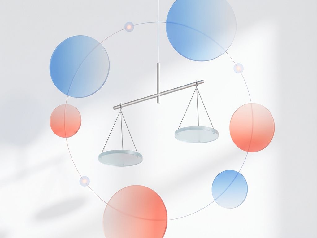 Abstracte geometrische vormen in blauw en koraal die hormonale balans symboliseren tegen witte achtergrond