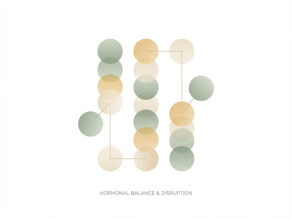 Abstracte geometrische vormen in groen en beige die hormonale balans en onbalans symboliseren op witte achtergrond