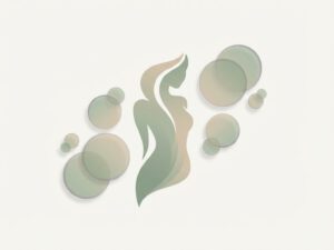 Abstracte vrouwelijke silhouet in zachte groentinten met geometrische cirkels die hormonale balans symboliseren
