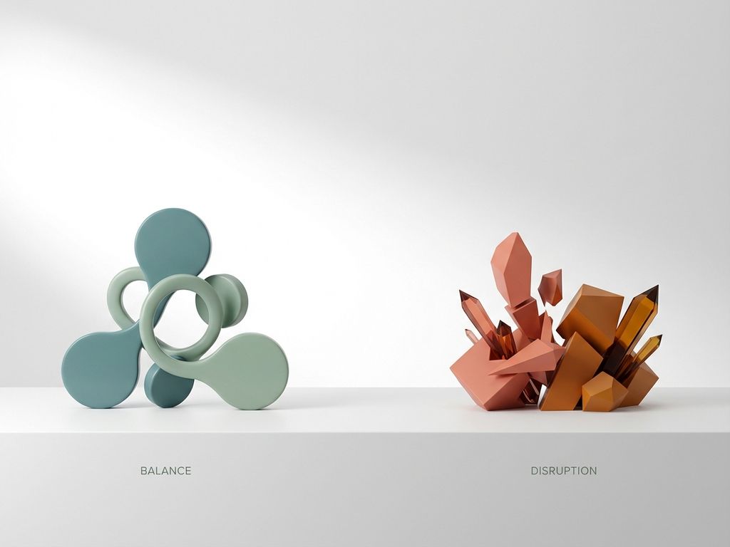 Abstracte geometrische vormen in teal en koraal die hormonale balans en onbalans symboliseren op witte achtergrond