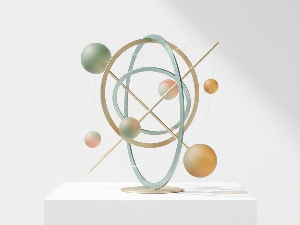 Gouden weegschaal met abstracte hormoonelementen in teal en koraal, minimalistische compositie voor natuurlijke balans