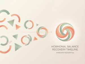 Abstracte geometrische vormen in zachte kleuren die hormonaal herstel visualiseren van gefragmenteerd naar compleet