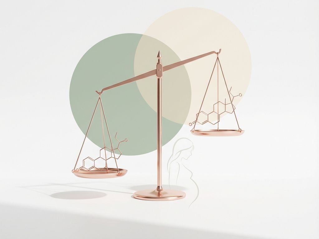 Roségouden weegschaal met hormonmoleculen toont hormonale onbalans na zwangerschap, zachte groene cirkels op witte achtergrond