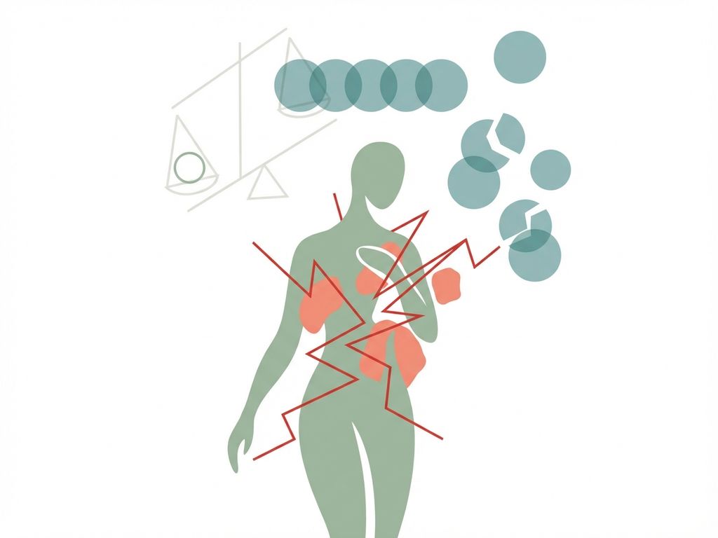 Abstracte menselijke silhouet in groen met rode stressindicatoren en verspreide hormoon-cirkels op witte achtergrond